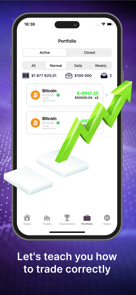 Crypto Capital - Pantalla de cartera de la aplicación Crypto Capital que muestra ganancias de Bitcoin y una gran flecha de crecimiento verde.