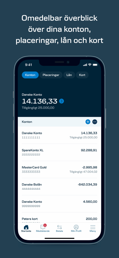 銀行口座、ローン、カードの概要を表示するMobilbank SEアプリ