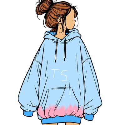 realistic girl with a oversized sweatshirt on and a bun