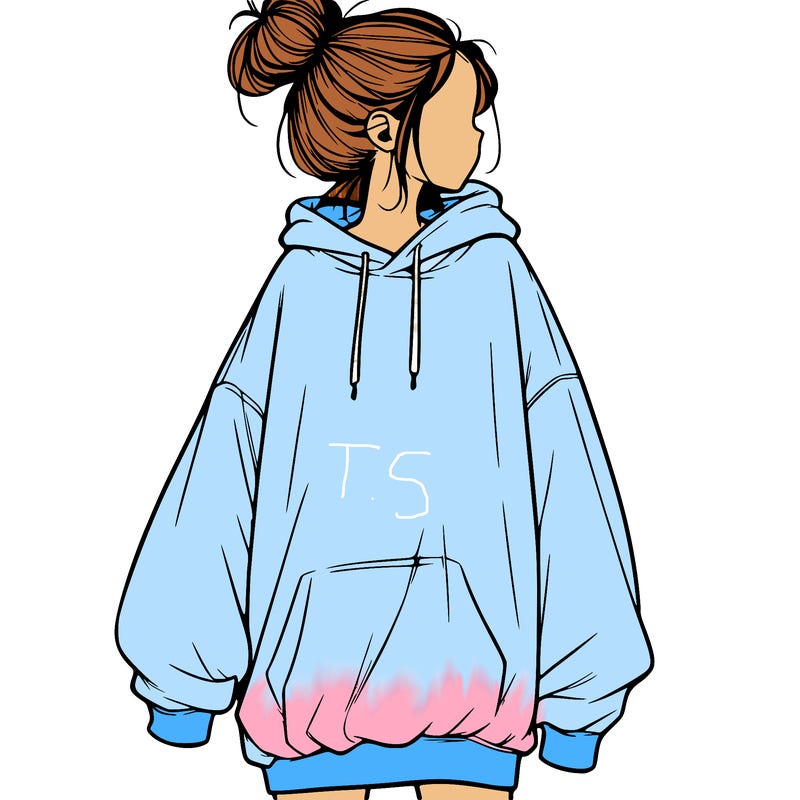 realistic girl with a oversized sweatshirt on and a bun