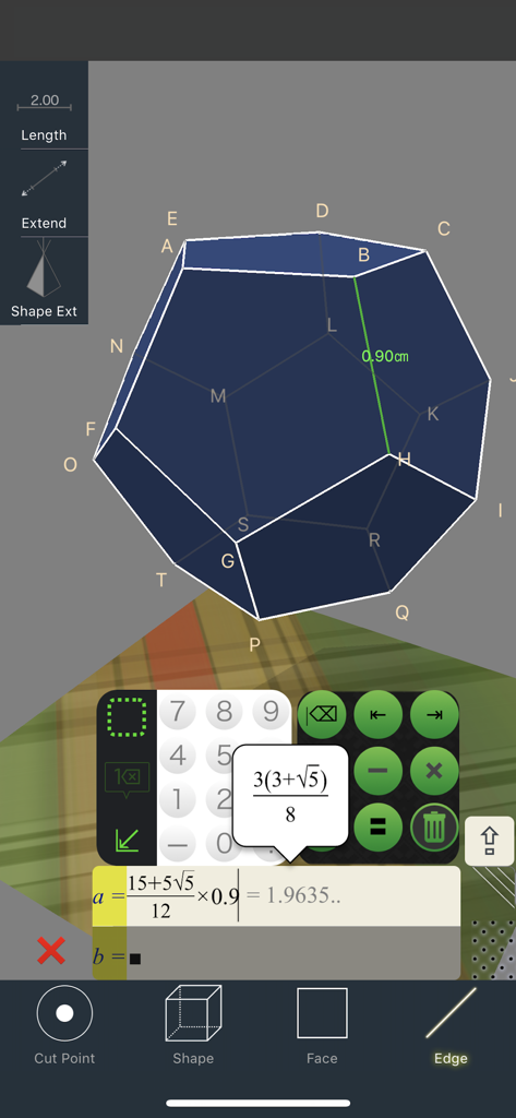 Interface of Mathematical Playground showing 3D polyhedron measurement and formula calculation