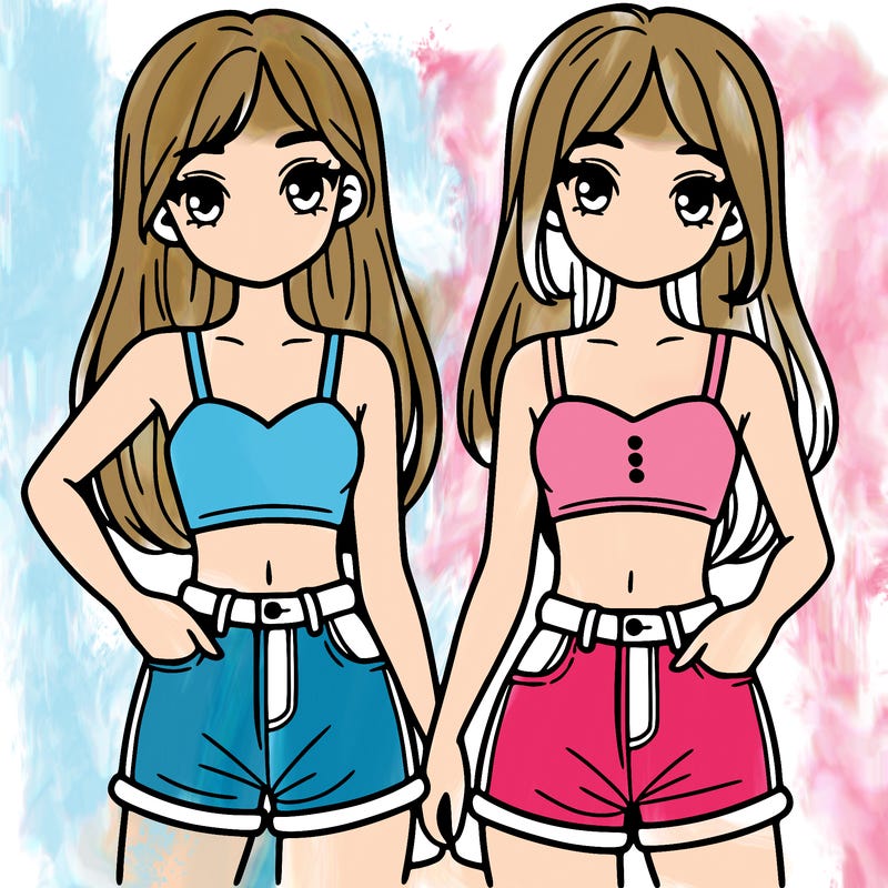 two sisters with crop tops and jean shorts and straight hair