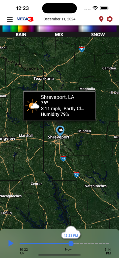 Storm Team 3 - Mapa de radar meteorológico local para Shreveport, Luisiana en la aplicación Storm Team 3