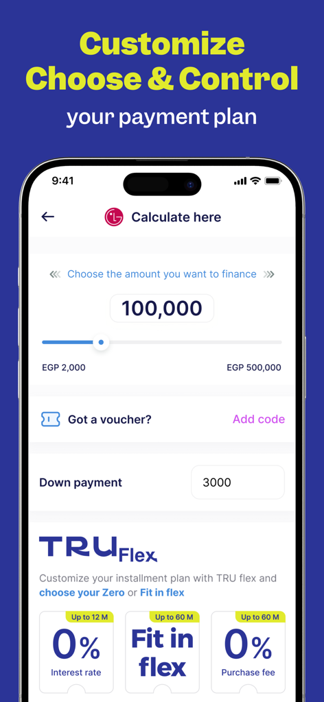 Uma tela de aplicativo móvel mostrando opções para personalizar um plano de pagamento flexível com juros de zero por cento e taxas zero.