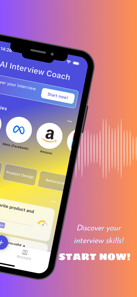 AI Interview Coach - Pantalla de inicio de la aplicación Entrenador de Entrevistas IA con preparación de entrevistas para empresas como Meta y Amazon.
