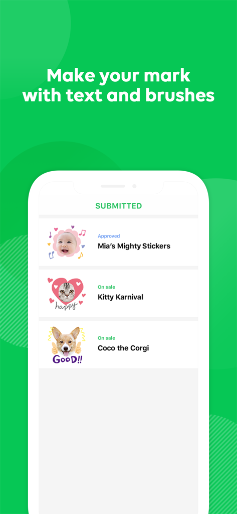 A list of submitted sticker sets featuring a baby a cat and a dog in the LINE Sticker Maker app