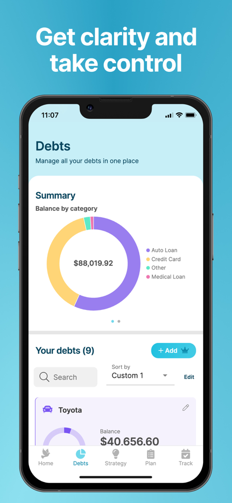 Debt Payoff Planner app interface showing a summary donut chart of debts by category and a list of loans