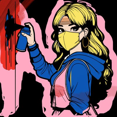 realistic girl with mask spray painting a wall