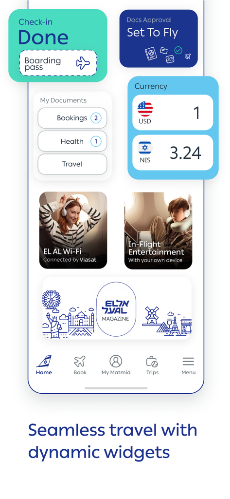 EL AL - Panel de la aplicación móvil EL AL con widgets de viaje dinámicos para check-in, conversión de divisas y documentos de vuelo