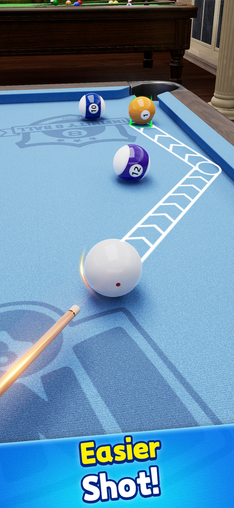 A close up view of a pool table in Infinity 8 Ball Pool King showing a long aiming line for an easier shot