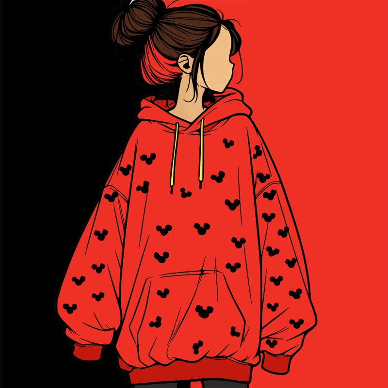 realistic girl with a oversized sweatshirt on and a bun