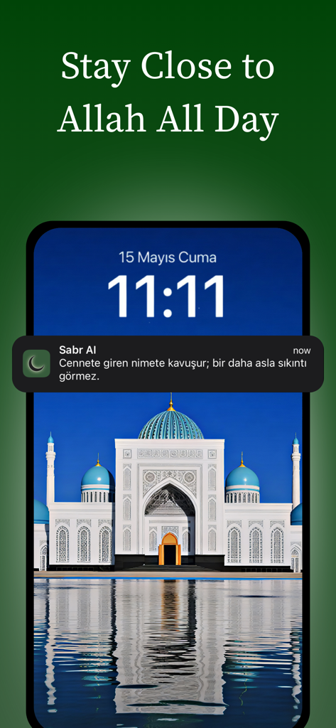 A smartphone lock screen showing a daily spiritual notification from the Sabr AI app featuring an Islamic quote and a mosque background.