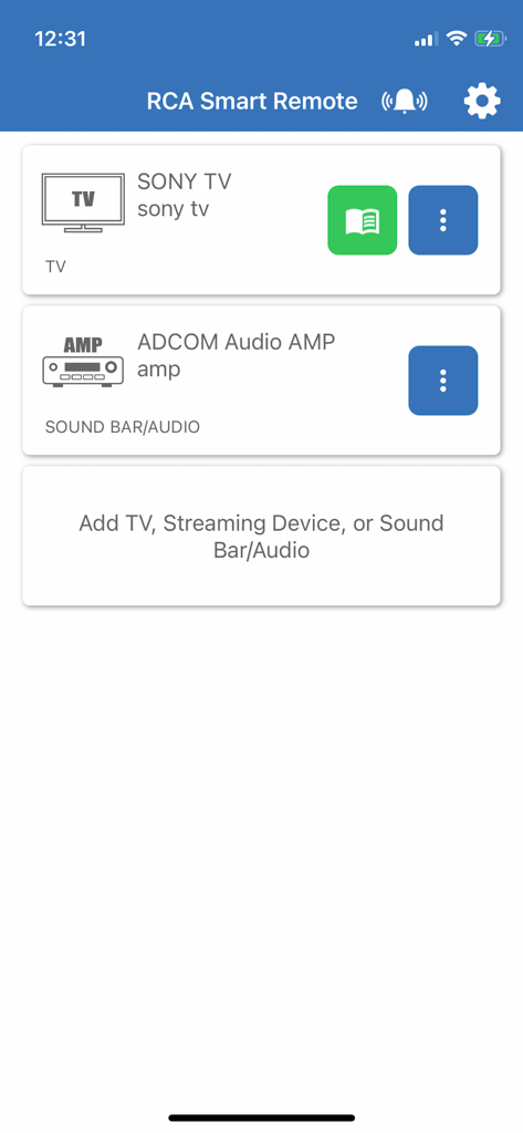 RCA Smart Remote - Panel de la aplicación RCA Smart Remote que muestra una lista de dispositivos emparejados, incluyendo un televisor Sony y un amplificador de audio Adcom.