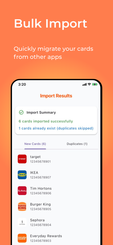 Store Card - All in One App - Interface showing bulk import results for loyalty cards from brands like Target and IKEA in the Store Card app