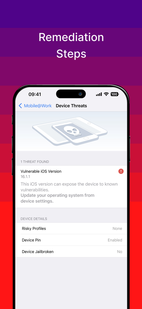 Ivanti Mobile@Work™ Client - Mobile at Work app screen displaying device security threats and remediation steps for a vulnerable OS version