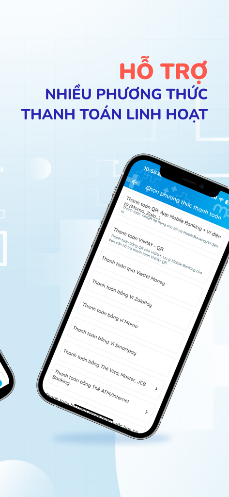 Bệnh viện Trưng Vương - Screenshot of the Trung Vuong Hospital app showing various flexible payment methods including digital wallets and credit cards