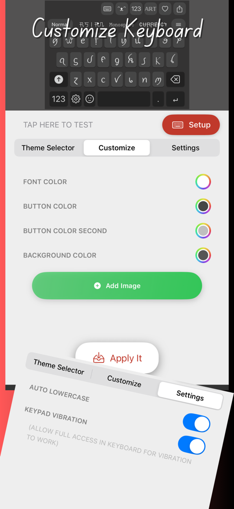 Fancy Keyboard - Cool Letters - Interface pour personnaliser les couleurs des boutons de polices du clavier et les styles d'arrière-plan