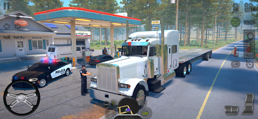Truck Simulator USA Revolution - Un camión semirremolque blanco en una gasolinera siendo inspeccionado por un oficial de policía en Truck Simulator USA Revolution