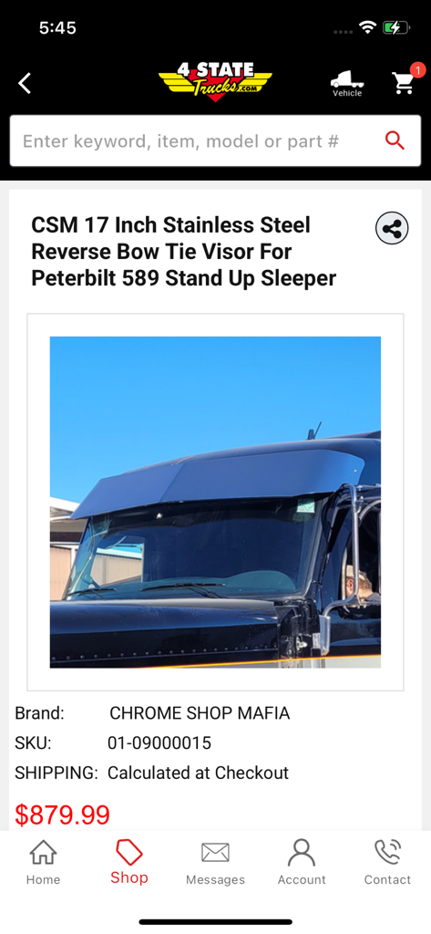 4 State Trucks - A product page in the 4 State Trucks app showing a stainless steel reverse bow tie visor for a Peterbilt 589 truck
