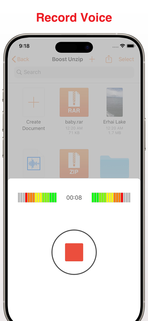 The voice recording interface of the Unzip Pro app showing a record timer and audio frequency bars.