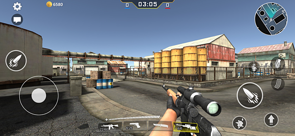 First person shooter gameplay of GO Strike showing a sniper rifle in an industrial factory setting