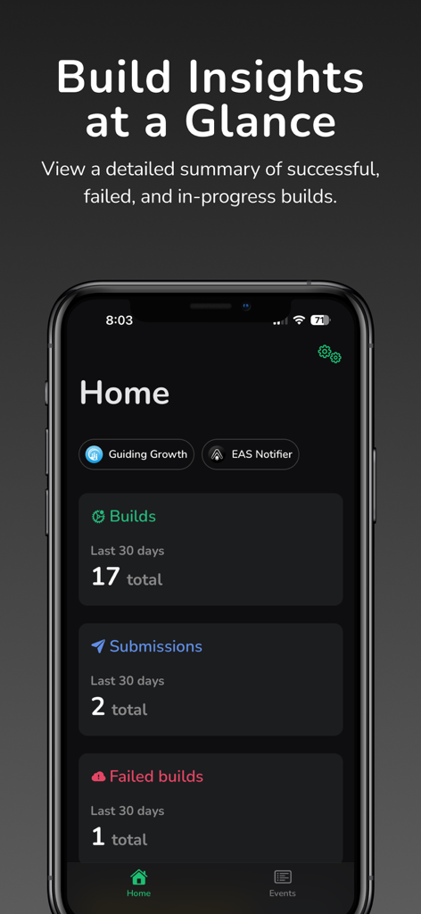 EAS Notifier - EAS Notifier app home screen showing build and submission insights for Expo projects