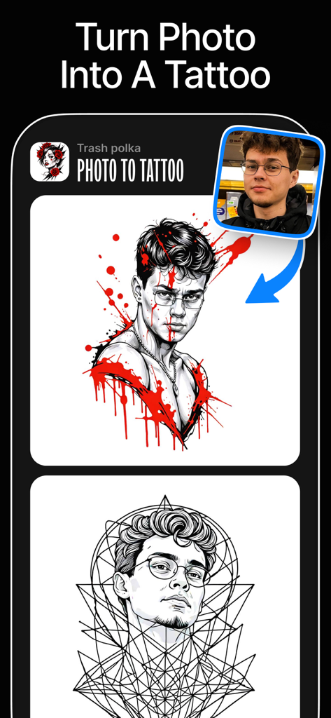 Uma interface mostrando uma foto de retrato sendo convertida em designs de tatuagem de IA no estilo Trash Polka e geométrico.