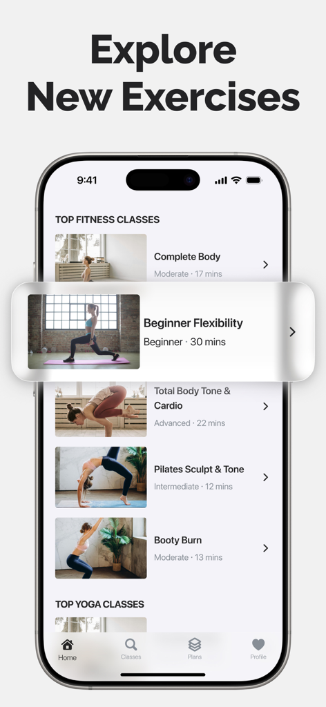 Lotus Flow - Yoga & Workout - Lotus Flow app showing a list of fitness and yoga classes including beginner flexibility and pilates