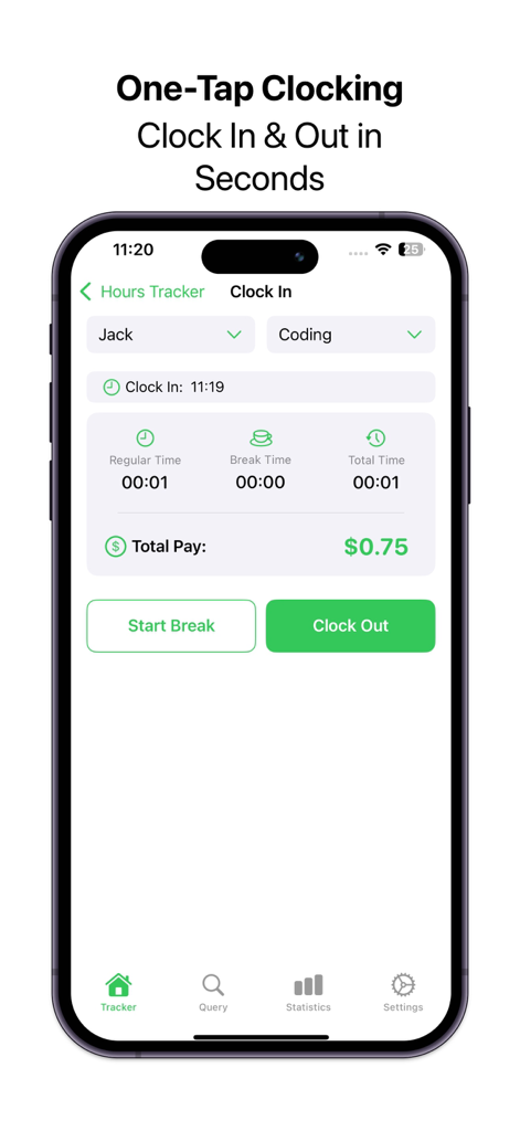 WorkLog - Hours Tracker - A mobile app interface showing a one-tap clock in and out screen with real-time hours and pay tracking