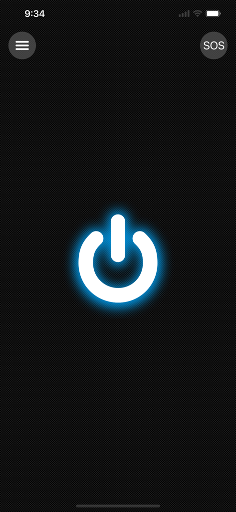 Main interface of Flashlight X app featuring a large glowing power button and SOS button on a dark background