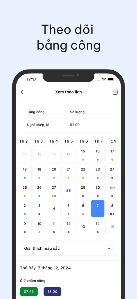 Humax - Interface de l'application mobile RH Humax affichant une vue calendrier mensuelle pour le suivi de la présence et des heures de travail des employés.