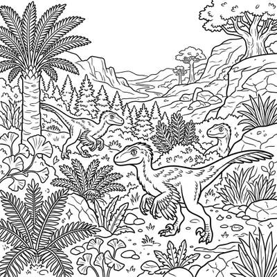 Dive into a prehistoric world with this exciting Velociraptor habitat coloring page, perfect for young dinosaur enthusiasts. Explore lush ancient landscapes and bring these incredible creatures to life with your favorite colors.