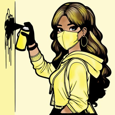 realistic girl with mask spray painting a wall