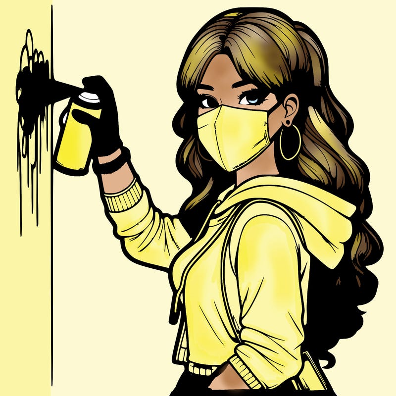 realistic girl with mask spray painting a wall