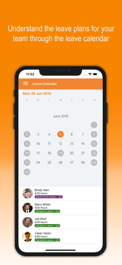 Ein mobiler Bildschirm, der den OrangeHRM Advanced Urlaubsplaner mit geplanten Urlauben und Remote-Arbeit für Teammitglieder zeigt.