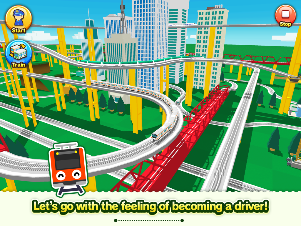 Train Go for iPad - Um sistema ferroviário 3D colorido com vários trens e trilhos em um ambiente urbano do aplicativo Train Go para iPad.