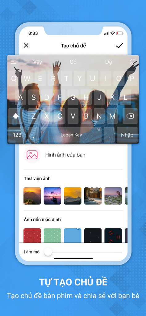Interface of Laban Key app showing how to create a custom keyboard theme using personal photos as background