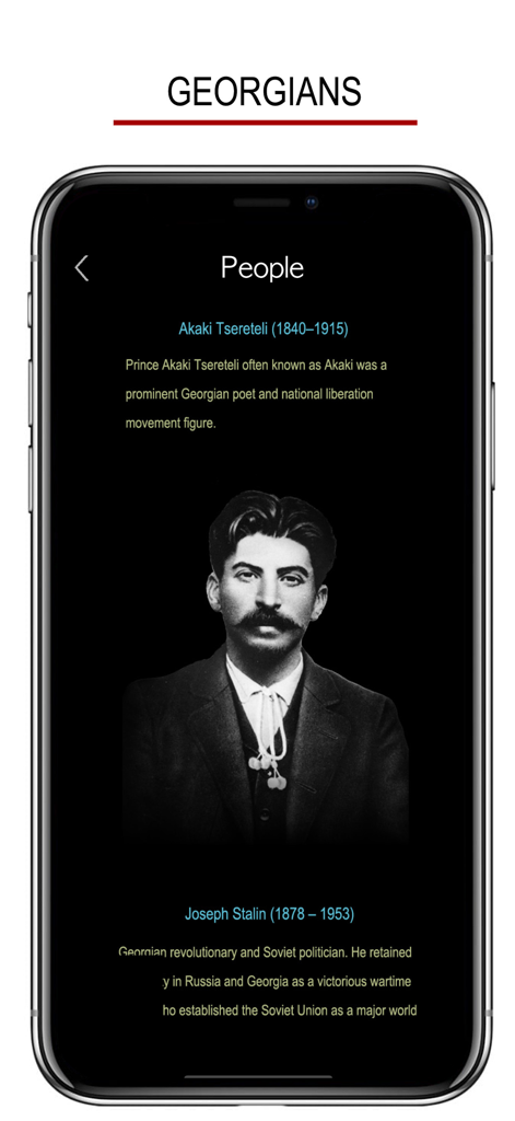 Tela do aplicativo exibindo figuras históricas georgianas com descrições e retratos.
