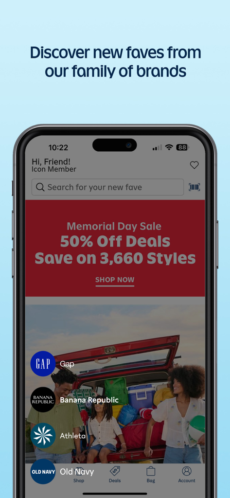 Old Navy mobile app home screen showing a 50 percent off Memorial Day sale and links to Gap, Banana Republic, and Athleta
