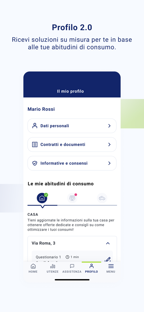 MySorgenia - The profile screen of the MySorgenia app showing personal data, contracts, and energy consumption habits for a user.