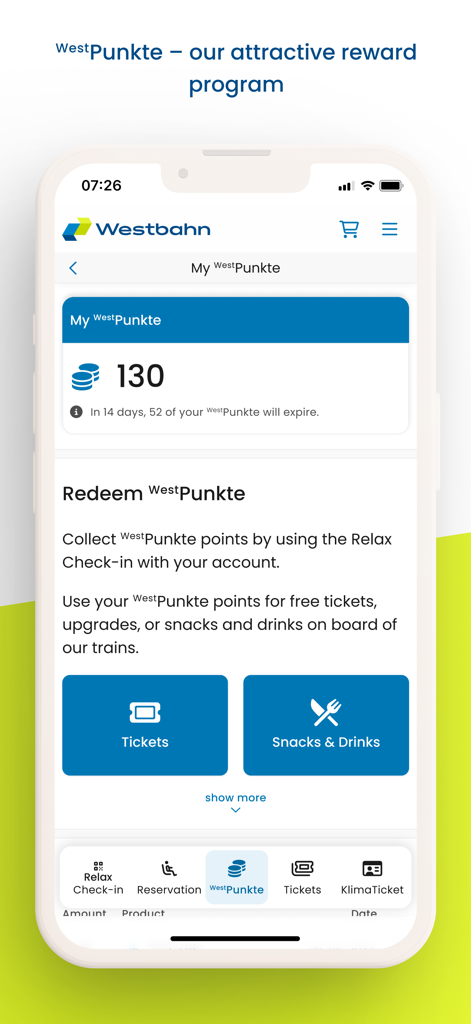 Westbahn - Schermata dell'app Westbahn che mostra il programma fedeltà WestPunkte con i punti disponibili e le opzioni per riscattarli per biglietti o snack e bevande