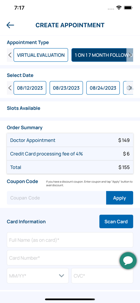 The Doc App - A screenshot of the create appointment screen in The Doc App showing the booking of a virtual evaluation and payment information entry