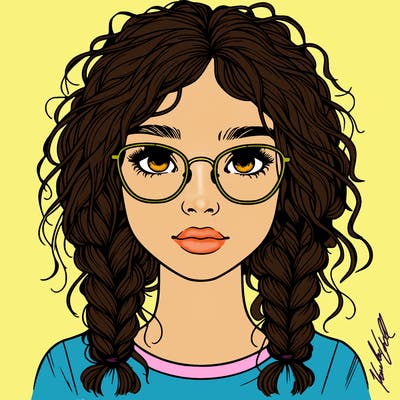 realistic girl with glasses and frizzy hair in braids