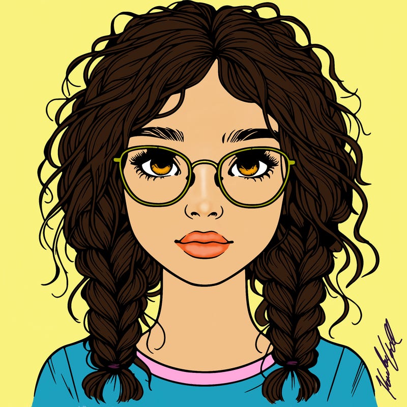 realistic girl with glasses and frizzy hair in braids