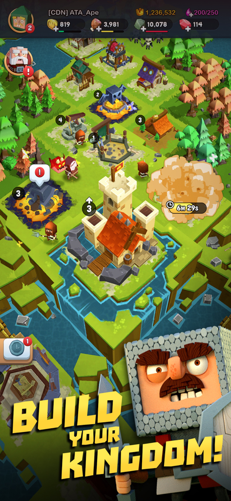 Kingdoms of HF - Dragon War - A cartoonish kingdom building scene in Kingdoms of Heckfire featuring a central castle and various resource structures.