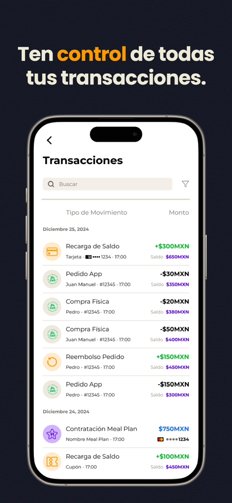 Coco APP - Interfaccia mobile di Coco APP che mostra un elenco di transazioni recenti e aggiornamenti del saldo in spagnolo.