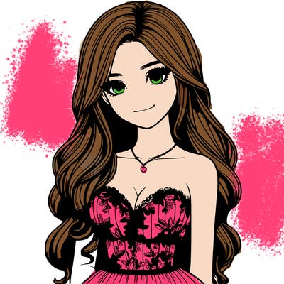 realistic girl with long hair and pretty prom dress