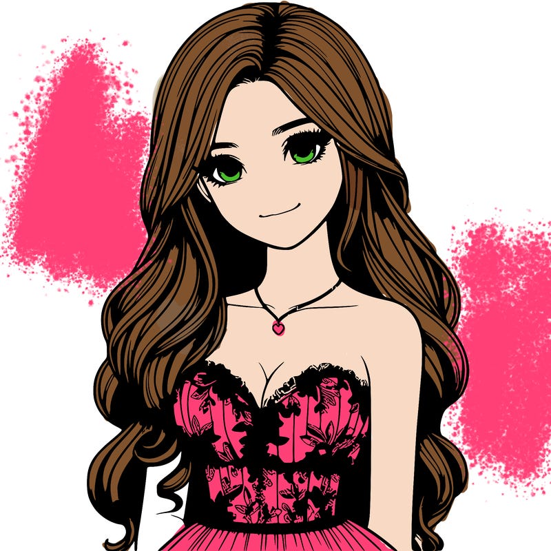 realistic girl with long hair and pretty prom dress