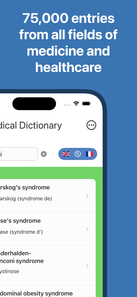 Interfaz de la aplicación de diccionario médico que muestra los resultados de búsqueda de síndromes y 75.000 entradas en inglés y francés