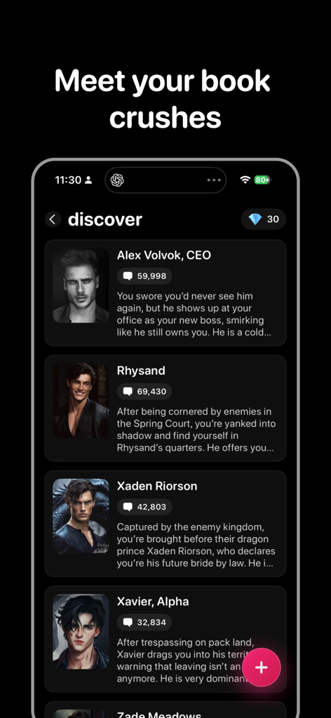 BookTok: Romance & Fandom - Tela do smartphone mostrando a página de descoberta do aplicativo BookTok com perfis de book boyfriends fictícios como Alex Volvok e Rhysand.